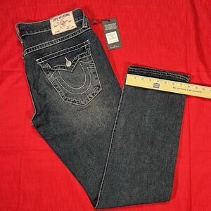 True Religion Jeans Mens Size 36x34 Ricky Big T Flap Relaxed Straight Blue Denim